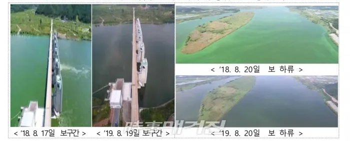 2018∼2019년 녹조 집중 발생 지역 창녕함안보 상황 비교 (자료제공_환경부)