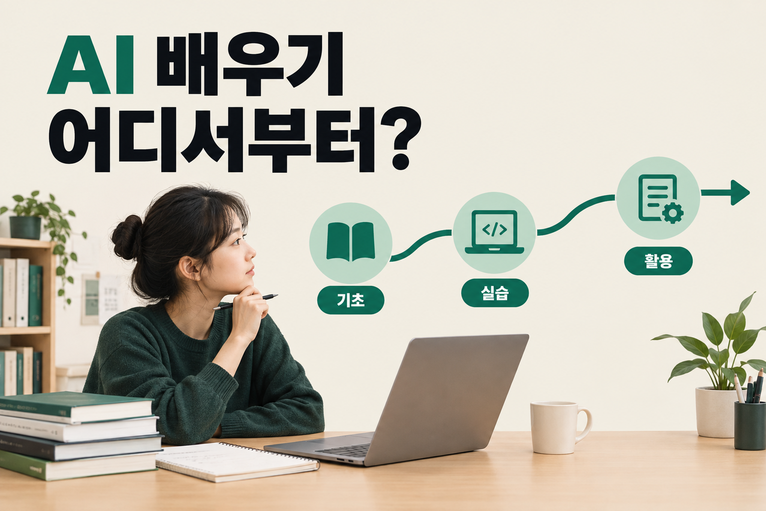 AI를 처음 배우는 사람이 개념 이해에서 도구 실습, 업무 적용으로 나아가는 학습 여정을 담은 표지