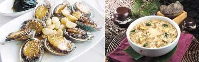 ▲ 남해자연맛집의 대표요리인 마늘전복찜과 영양전복죽