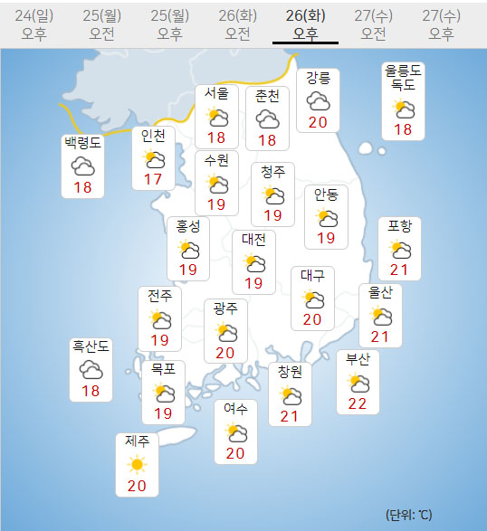 26일 화요일 내일의날씨 (기상청 제공)