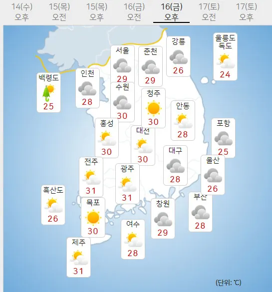 16일 금요일 내일의날씨 (기상청 제공)