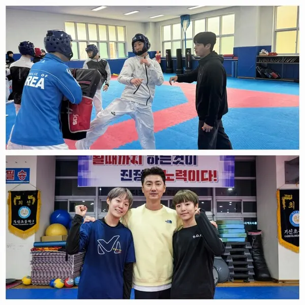 위사진 선수를 지도하는 이준기 코치 (사진_김창현 코치제공), 아래 사진 왼쪽 유 아린 선수 가운데 신화강 코치 오른쪽 유서린 선수 (사진_유아린,서린 선수 모제공)