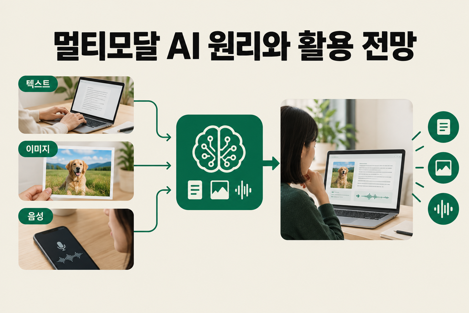 텍스트와 이미지, 음성 데이터가 하나의 표현 공간으로 모여 함께 처리되는 멀티모달 AI의 통합 구조를 담은 추상 표현