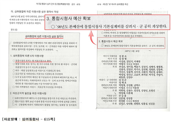 (사진은 삼려통합사에 기록된  통합청사 관련 내용으로 3여통합 합의사항 등이 기록돼 있다.)