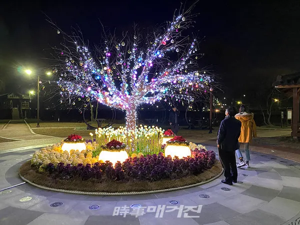 나주시가 새해를 맞아 원도심 대호수변공원과 혁신도시 빛가람전망대 앞 공원 2개소에 빛 조형물을 설치, 야간시간 대 시민들에게 낭만의 볼거리를 제공하고 있다.(사진_나주시청)