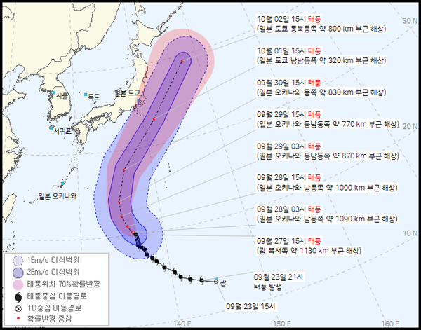 2021 16호 태풍 민들레 경로 (기상청 제공)