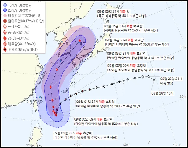 2022년 11호 태풍 힌남노 현재위치, 예상경로 (기상청 홈페이지)