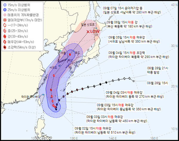 2022년 11호 태풍 힌남노 경로 (기상청 홈페이지)