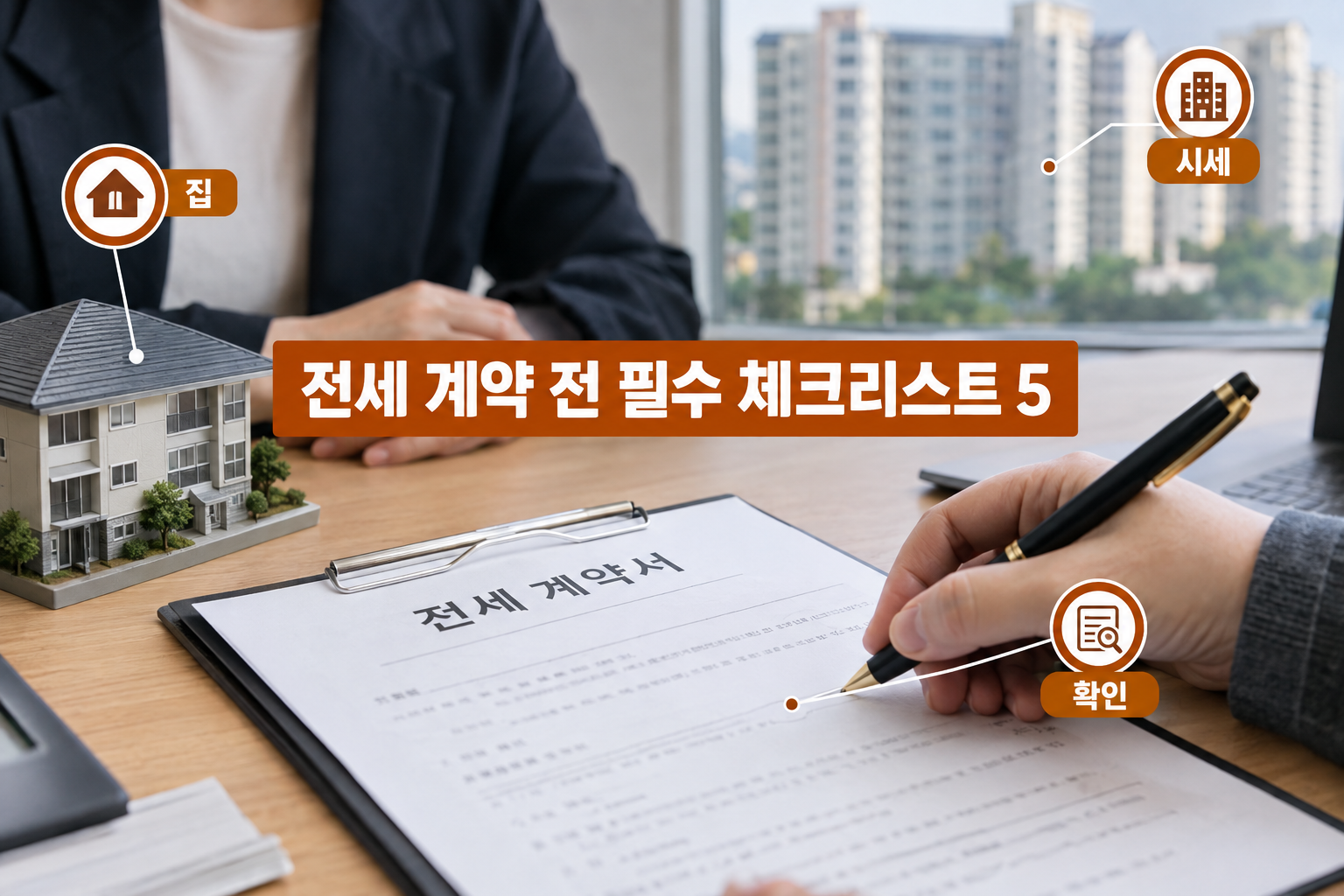 전세 계약에서 보증금을 지키기 위해 등기부등본·세금·보증을 순서대로 점검하는 확인 절차의 흐름을 담은 표지