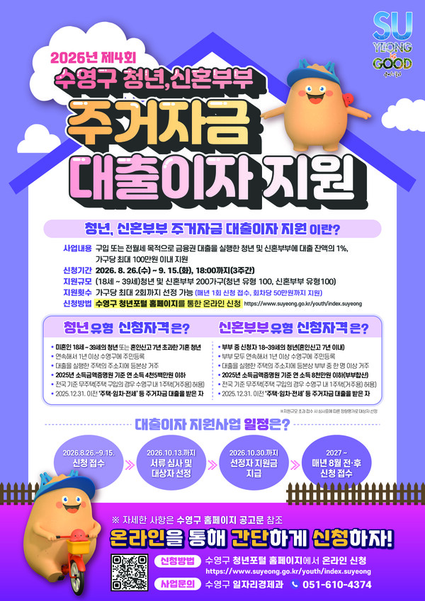 2026년 청년 신혼부부 주거자금 대출이자 지원 사업 홍보 포스터. (사진_수영구)