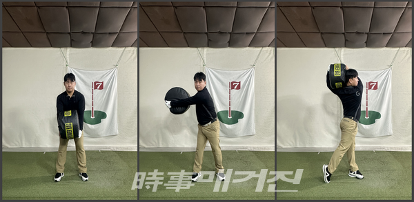 같은 동작을 파워백과 같은 무거운 도구를 사용하면, 좀 더 강한 느낌을 받을 수 있다. /사진_에스골프아카데미