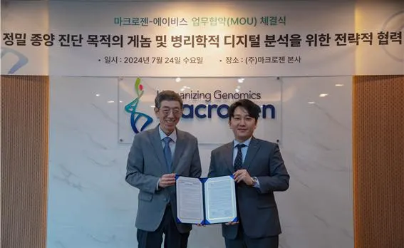 좌측부터 마크로젠 대표이사 김창훈, 에이비스 대표이사 이대홍. (주)에이비스 제공