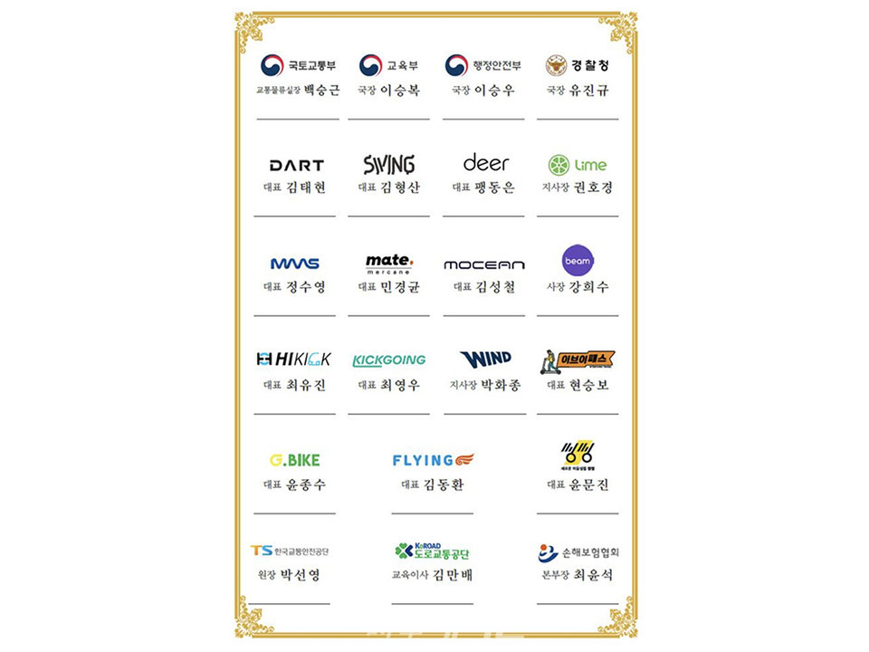 개인형 이동수단(PM, 퍼스널 모빌리티)의 안전한 이용문화 확산을 위한 업무 협약 참여 정부기관 및 민간업체. /(사진=국토교통부)