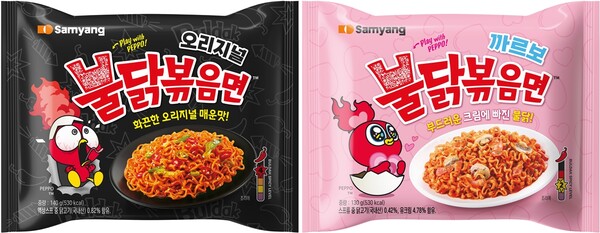 삼양식품 불닭 브랜드의 차세대 캐릭터 '페포(PEPPO)'가 적용된 신규 패키지가 국내 시장에 순차적으로 선보이고 있다. 페포는 불닭 누적 판매 100억 개 돌파 이후 브랜드 IP 확장을 이끌 캐릭터로 활용되고 있다.(사진_삼양식품)