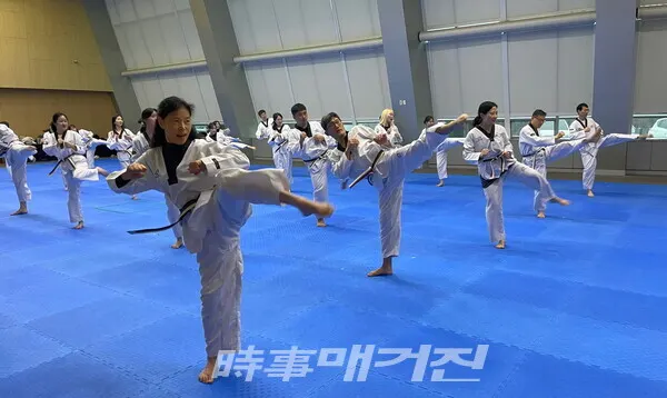 직무연수에 참여한 교원들이 실기 교육에 참가하고 있다.(태권도원 도약센터 나래홀) (사진_태권도진흥재단)