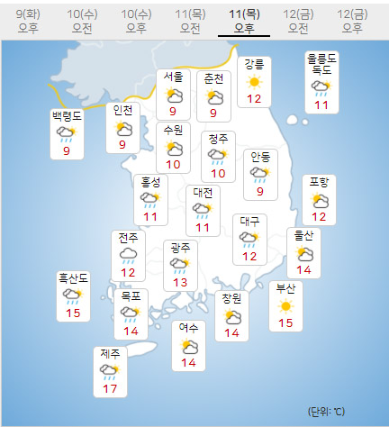 11일 목요일 내일의날씨 (기상청 제공)