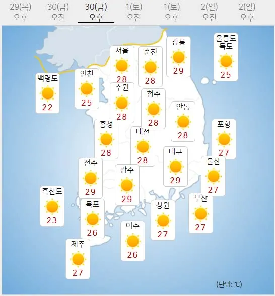30일 금요일 오늘의날씨 (기상청 홈페이지)