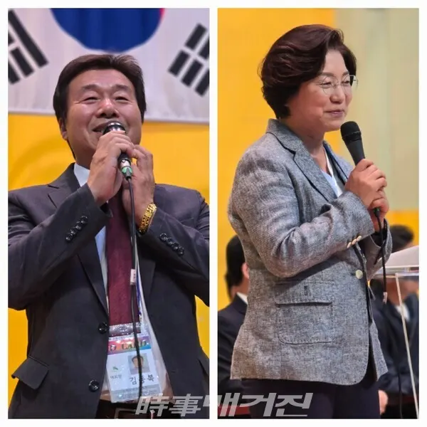 좌측 은평구태권도협회 김동복 회장 대회사 모습 우측 김미경 은평구 구청장 격려사 모습 (사진_이재욱 기자)