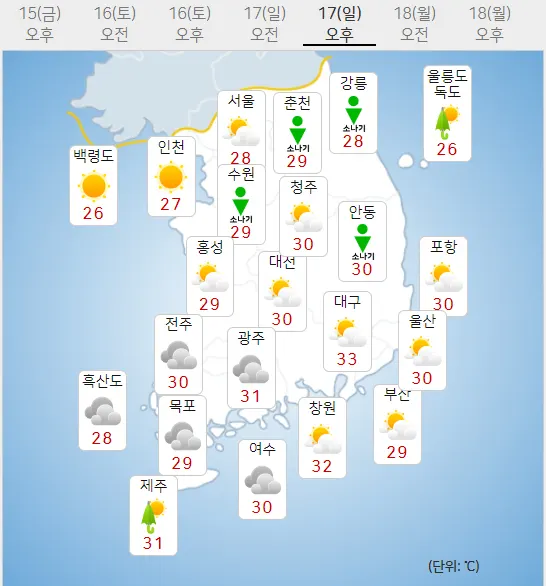 17일 일요일 내일의날씨 (기상청 제공)