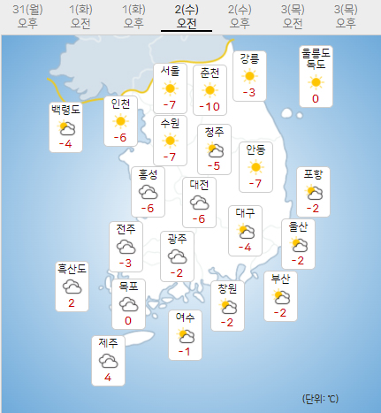 2일 수요일 내일의날씨 (기상청 제공)