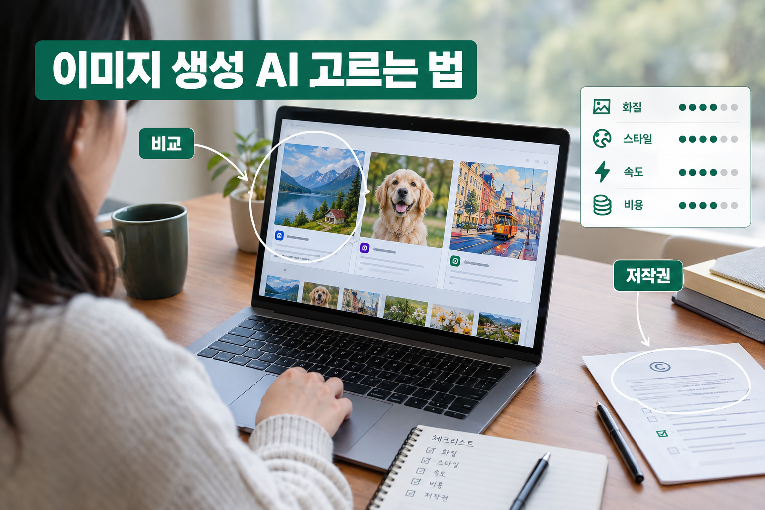 텍스트로 그림을 만드는 인공지능 도구를 고를 때 상업 이용과 저작권 기준을 함께 따져야 한다는 주제를 담은 추상 표현