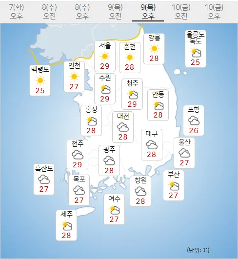 9일 목요일 내일의날씨 (기상청 제공)