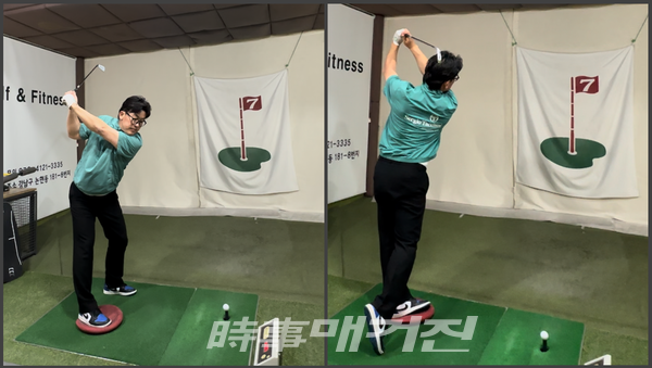 한발 스윙 연습. 체중을 싣는 반대발에 장애물을 두고 연습하며, 체중의 이동을 느껴본다. /사진_에스골프아카데미