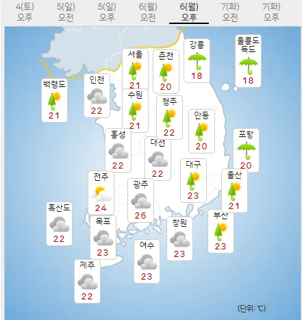 6일 월요일 내일의날씨 (기상청제공)
