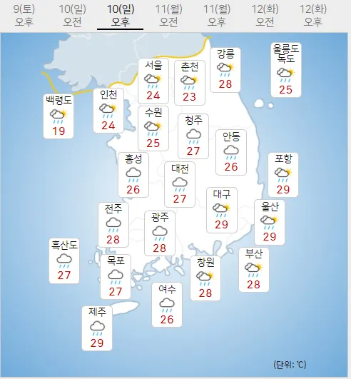 10일 일요일 오늘의날씨 (기상청 제공)