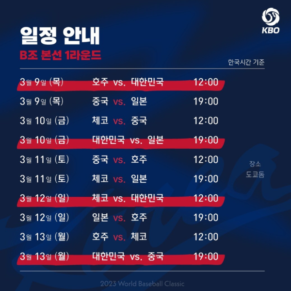'2023 월드 베이스볼 클래식(WBC)' 한국 경기일정 (사진=KBO)