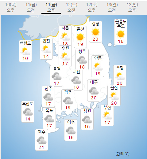 11일 금요일 오늘의날씨, 내일의날씨 (기상청 제공)