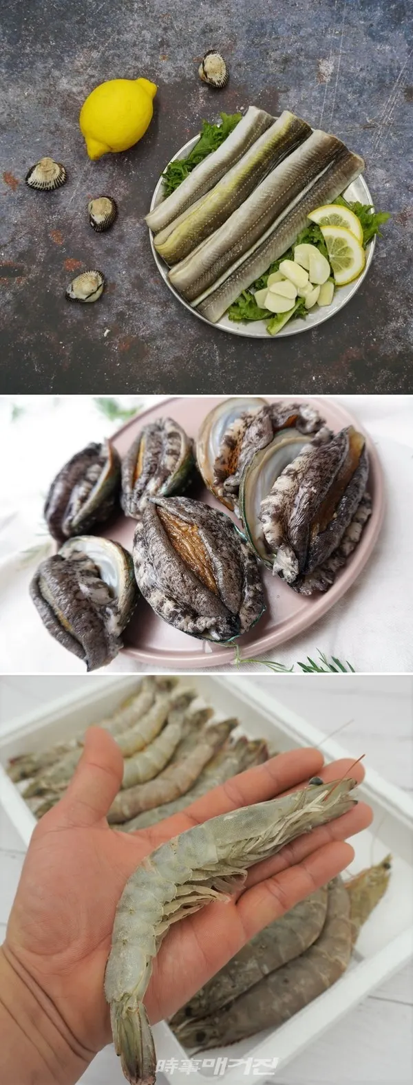 위부터 손질장어, 전복, 통통 왕새우