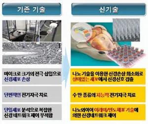 ▲ SI-based Neurodevice 나노바이오 융합기술 개발 (실리콘 반도체 고집적 기술을 적용한 ‘나노와이어 anay기반 지능형 신경소자’를 개발하고 이를 이용한 손상된 신경재생/치료 기술을 개발함)
