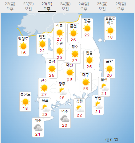 23일 토요일 오늘의날씨 (기상청 제공)