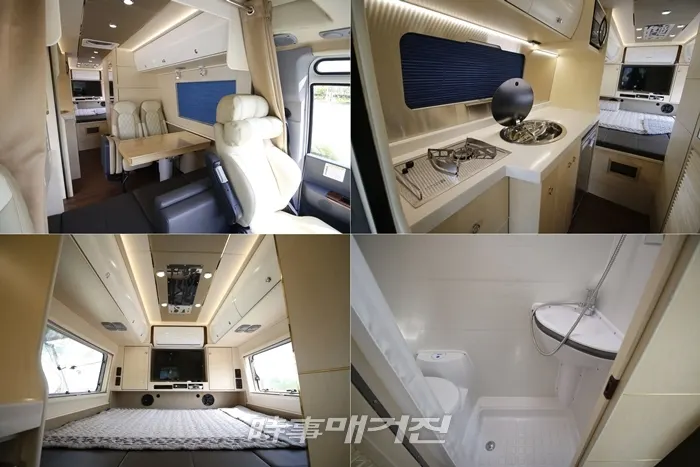 레스타 캠핑카 내부. 모든 차량이 주문제작방식으로 구조나 편의장치 등 옵션이 많아 소비자가 원하는 대로 스타일대로 제작하고 있다. 또한 중고버스를 개조하는 사례도 많아 이럴 경우 철저한 차량정비 및 개조, 인테리어 등 합법적인 구조변경과정을 통해 교통안전공단의 승인을 받고 최종 출고한다.