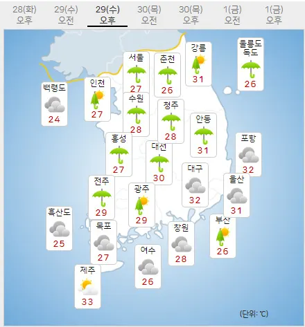 29일 수요일 오늘의날씨 (기상청 제공)