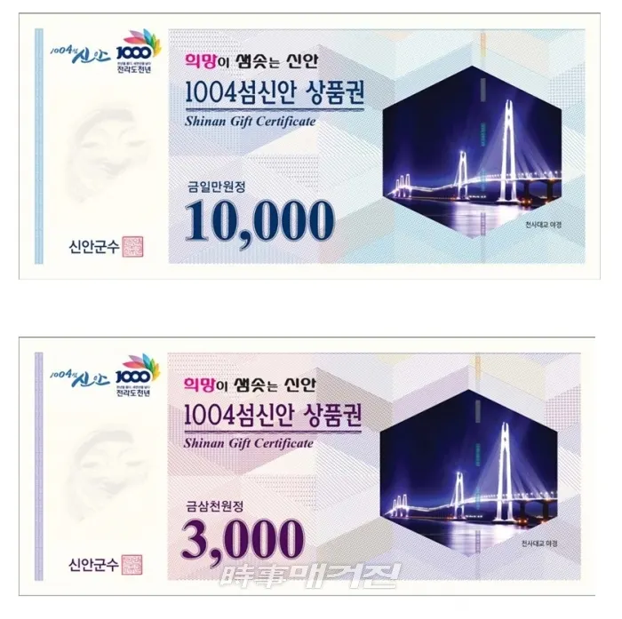 신안군은 지역 내 소비촉진과 자금의 역외유출 방지로 지역경제 활성화, 지역공동체 유대강화를 위해‘1004섬신안 상품권’을 발행해 지난 8월부터 관내 7개 단위 농협에서 판매 중이다. 사진은 신안군에서 발행한 『1004섬신안 상품권』이다.(사진_신안군청)