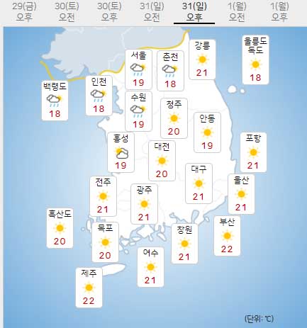 31일 일요일 내일의날씨 (기상청 제공)
