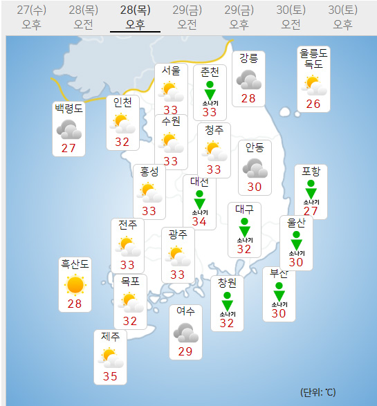 28일 목요일 오늘의날씨 (기상청 제공)